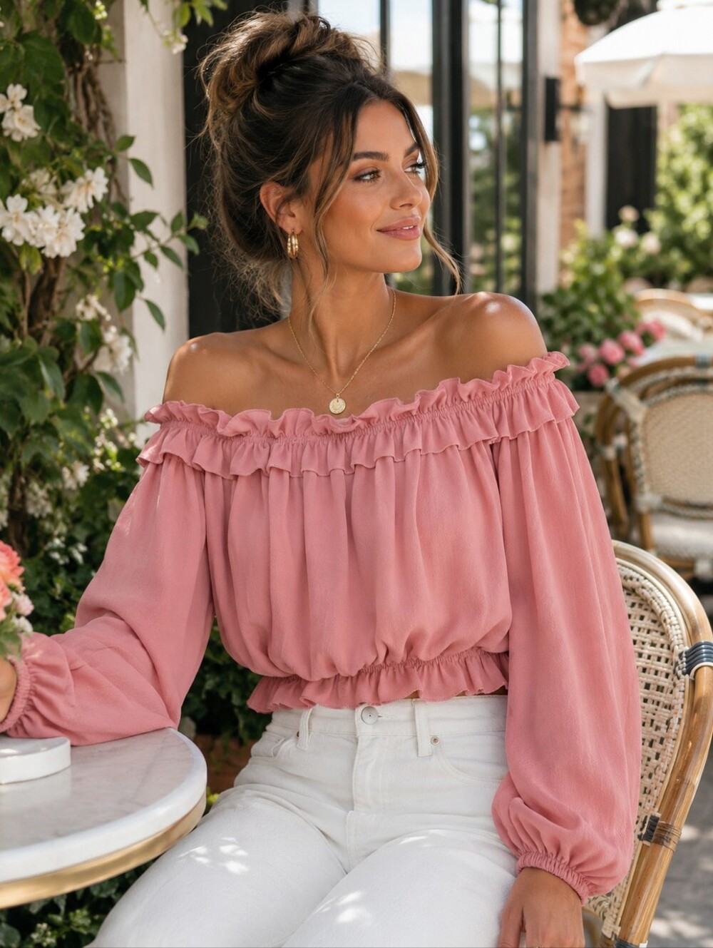 Off Shoulder Blush Pink Ruffle Crop Top XL Long Sleeve Romantic Blouse Cute